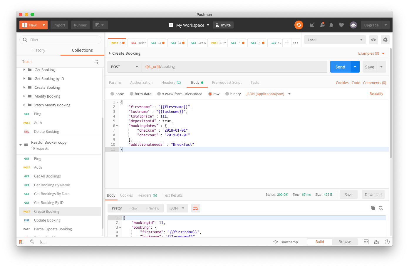 Screenshot of my Postman instance while I was learning to test service APIs.
