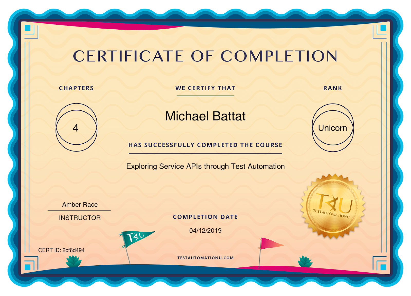 Certificate of Completion — Exploring Service APIs Through Test Automation