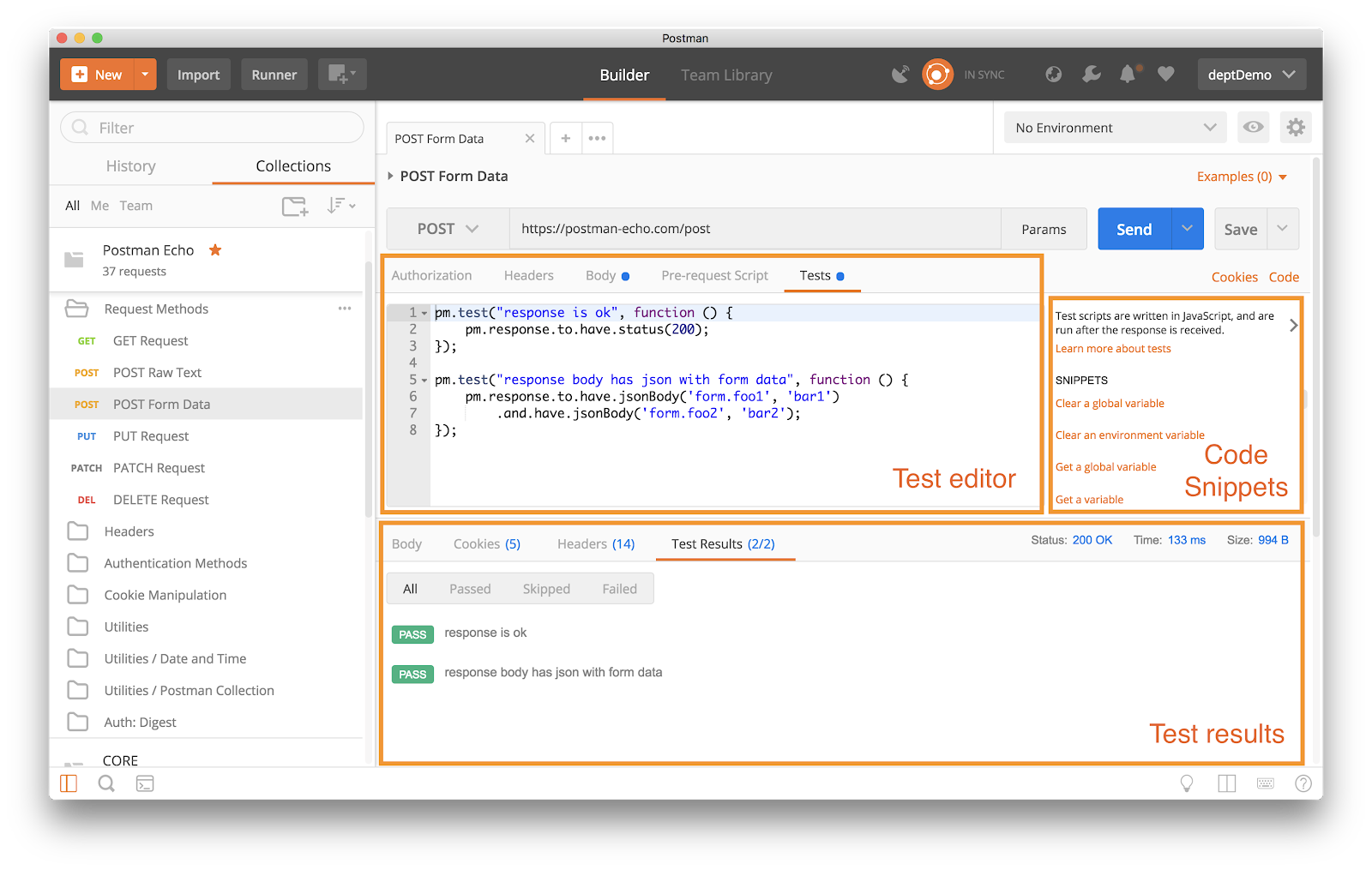 Elements of the Postman screen from the documentation pages on getpostman.com