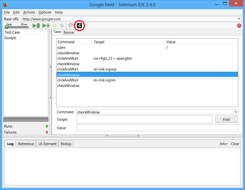 Record and Playback -- Figure 1: Selenium IDE extended with a “checkWindow” command that performs Visual Validation