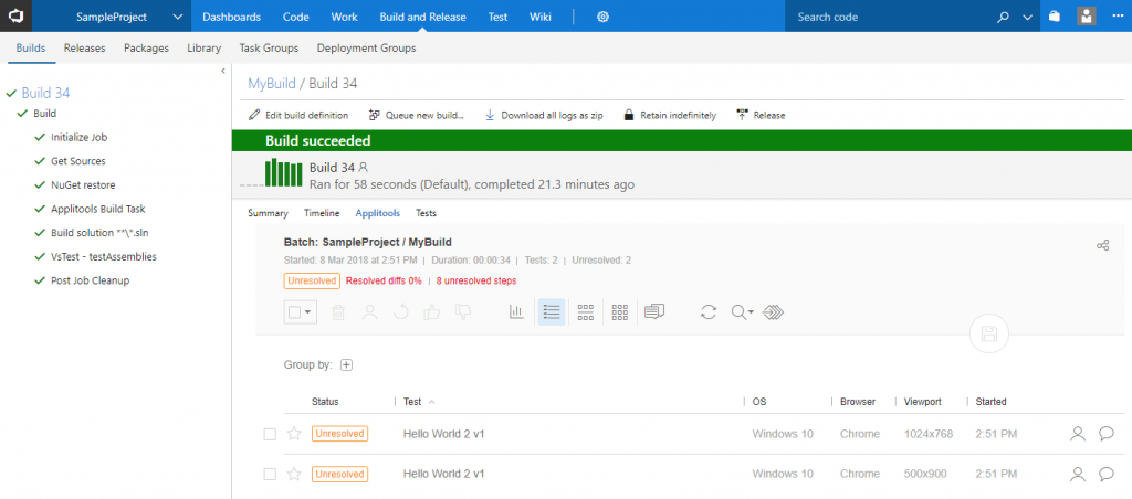 Eyes Results in VSTS