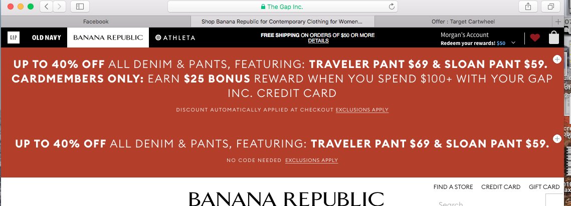 Repeated discount notice on Banana Republic website
