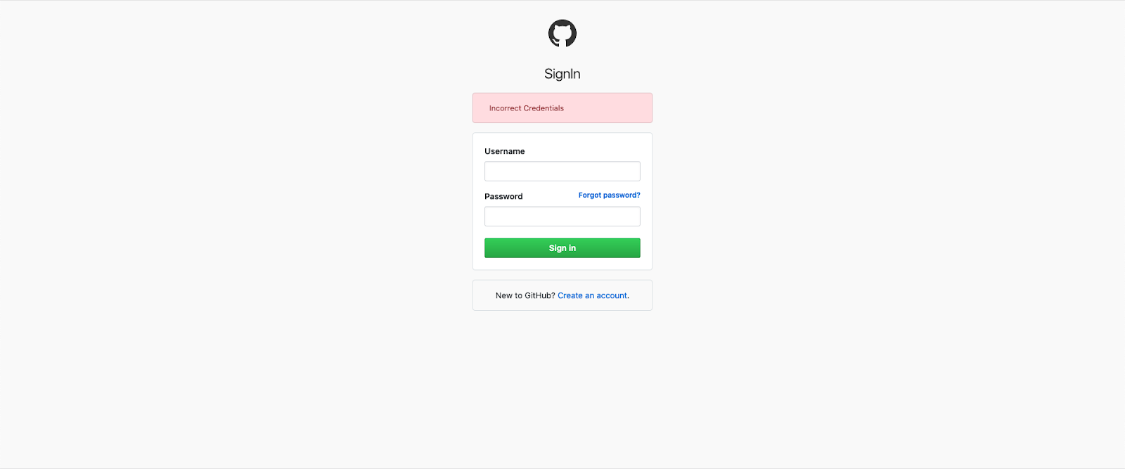 github login screen with errors