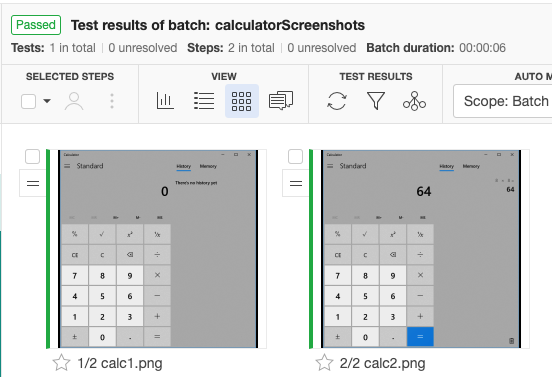 The baseline images in Applitools, showing our two calculator screenshots from earlier (one showing 0, the other showing 64).