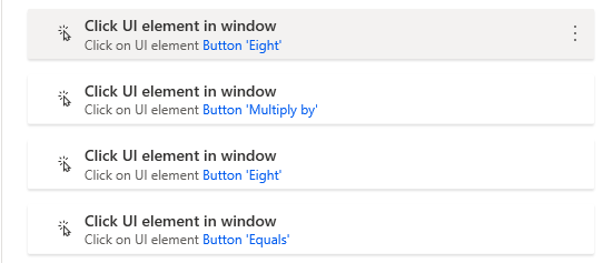 The 4 "Click UI element in Window" actions in order - 8, multiply by, 8, and equals.
