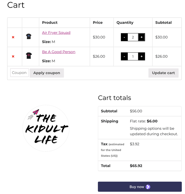 A picture of the UI we are testing, showing multiple items in the cart, along with cart totals and subtotals