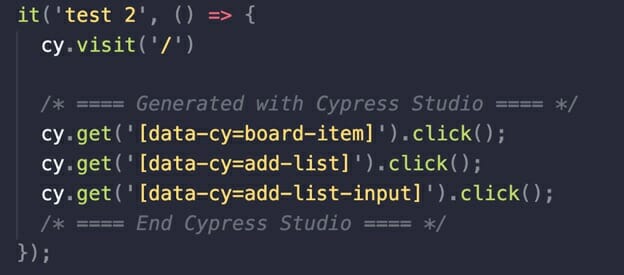 The code created is bounded by comments indicating it was generated with Cypress Studio