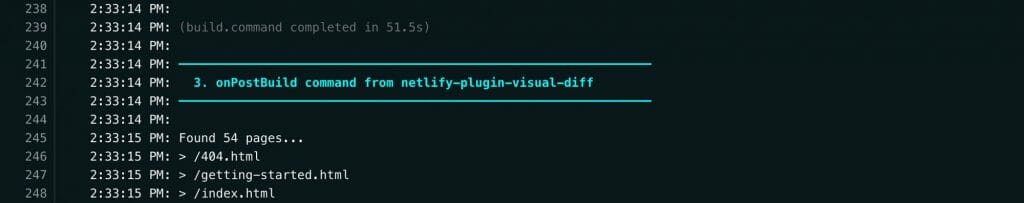 Netlify build logs showing onPostBuild with netlify-plugin-visual-diff