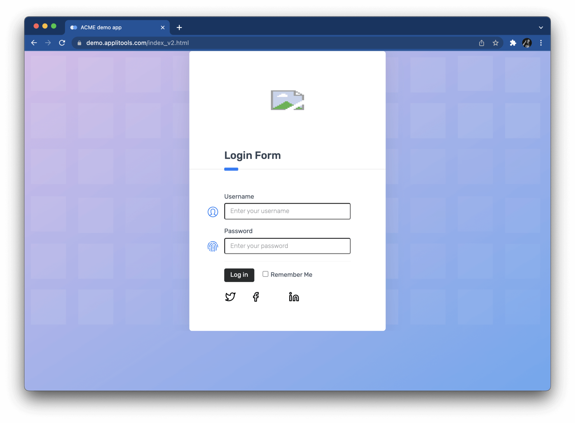 Demo login form including logo, username and password, with broken icon for logo and different login button.