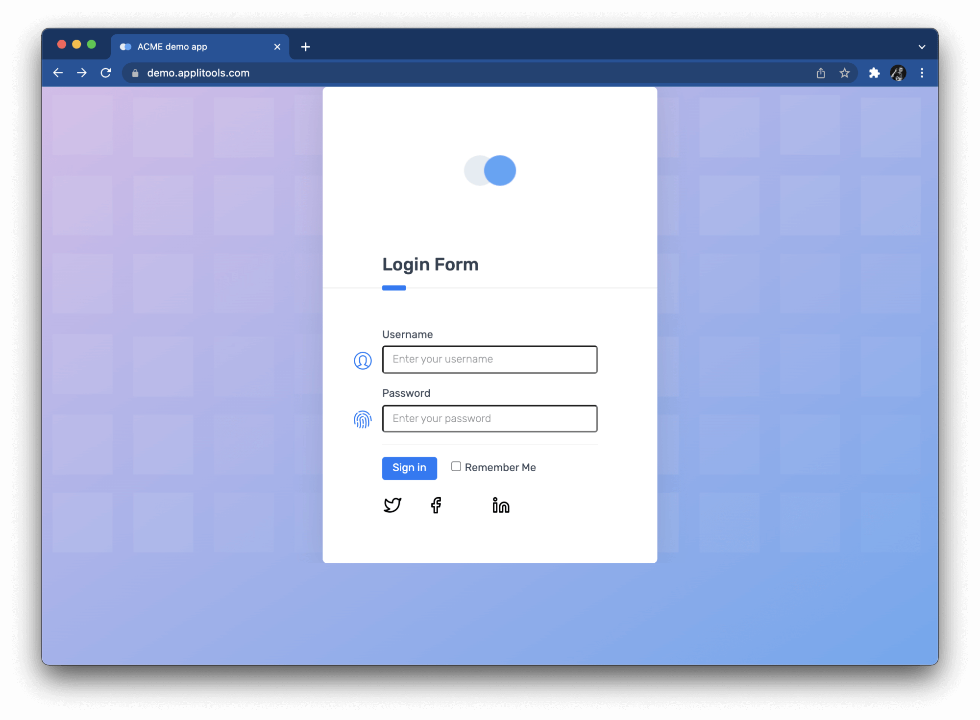Demo login form including logo, username and password.