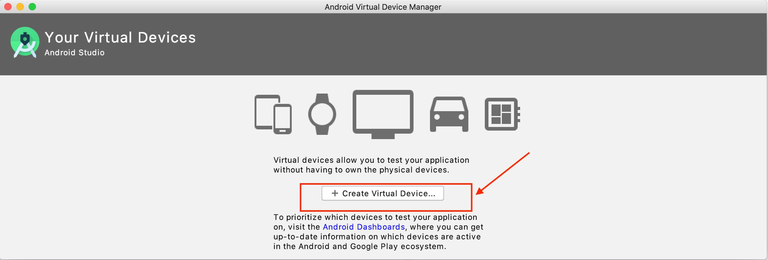 Shows blank virtual devices screen with create virtual device button