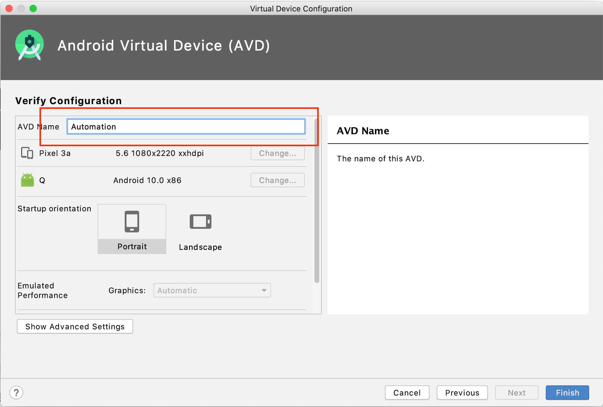 Shows Android emulator configuration with AVD Name