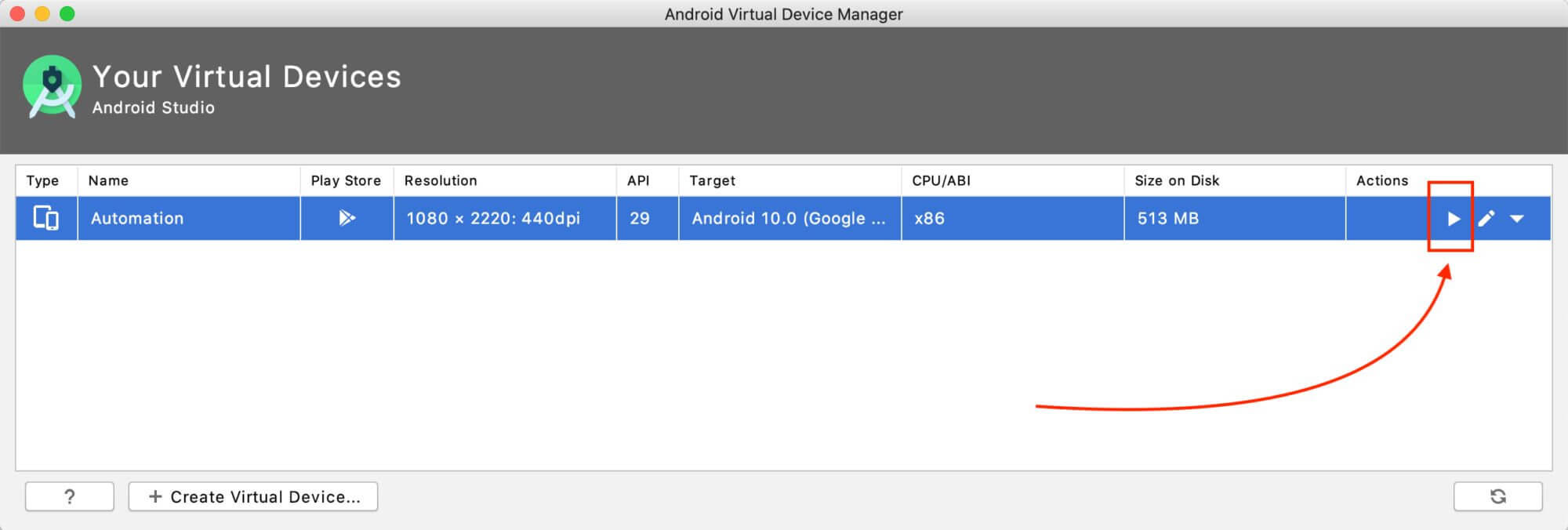 Android Virtual Device Manager screen with and emulator named Automation 