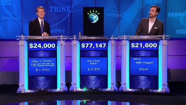 IBM Watson is shown defeating other contestants with the correct answer of Bram Stoker in Final Jeopardy.