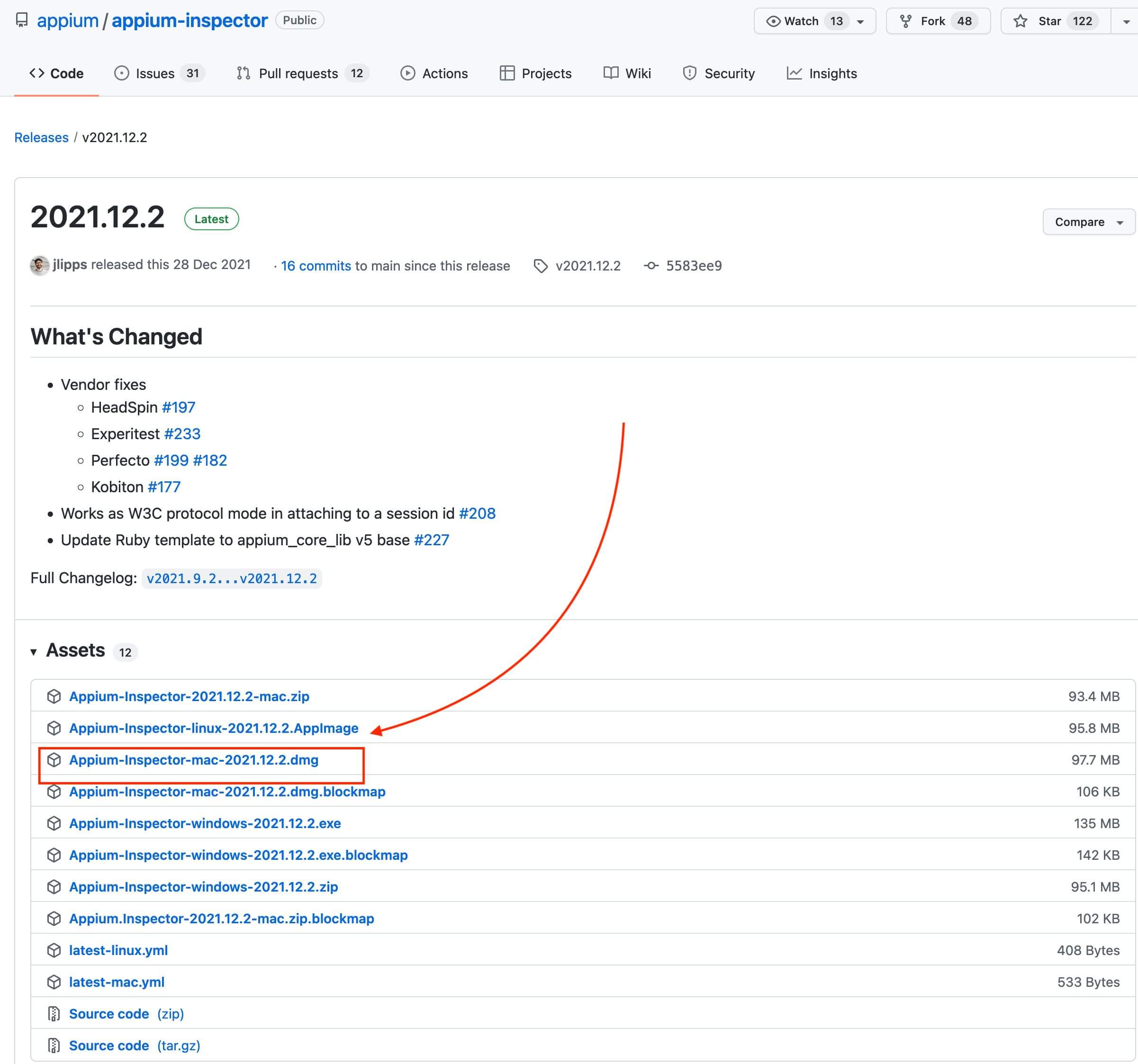 Appium Inspector Github releases page with mac .dmg file highlighted