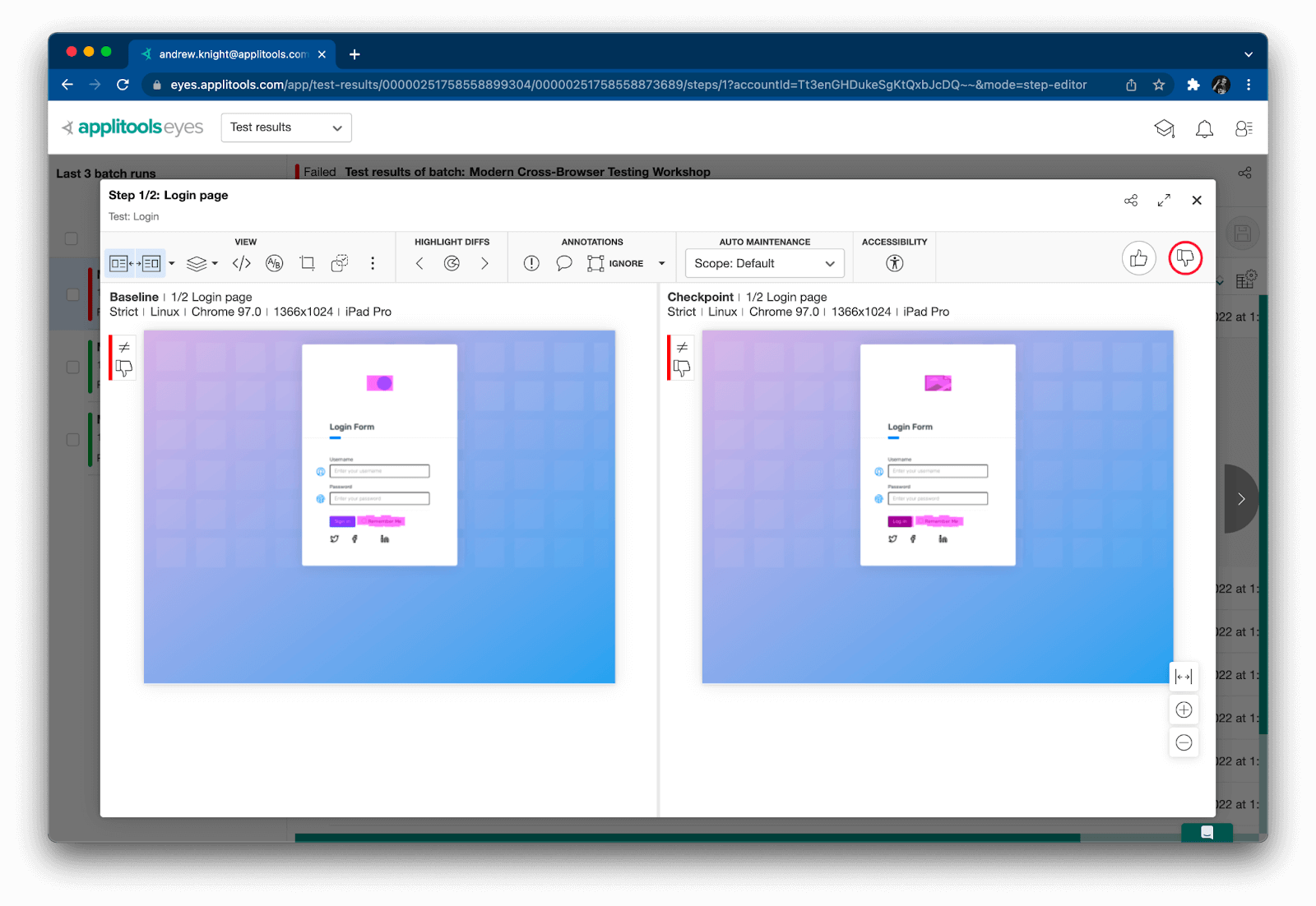 A comparison window showing the baseline and the new visual checkpoint, with the changes highlighted in magenta by Visual AI.