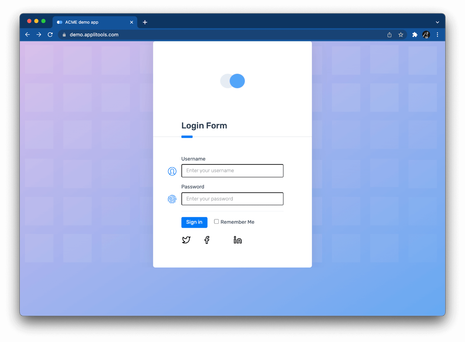 A demo login form, with a username field, password field, and a few other selectable items.