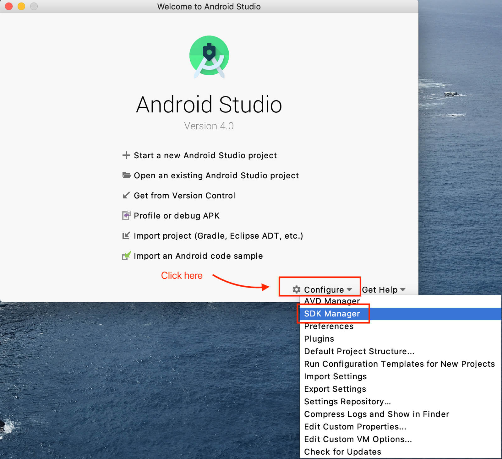 Shows Android studio home page and how someone can open SDK Manager by tapping on Configure button