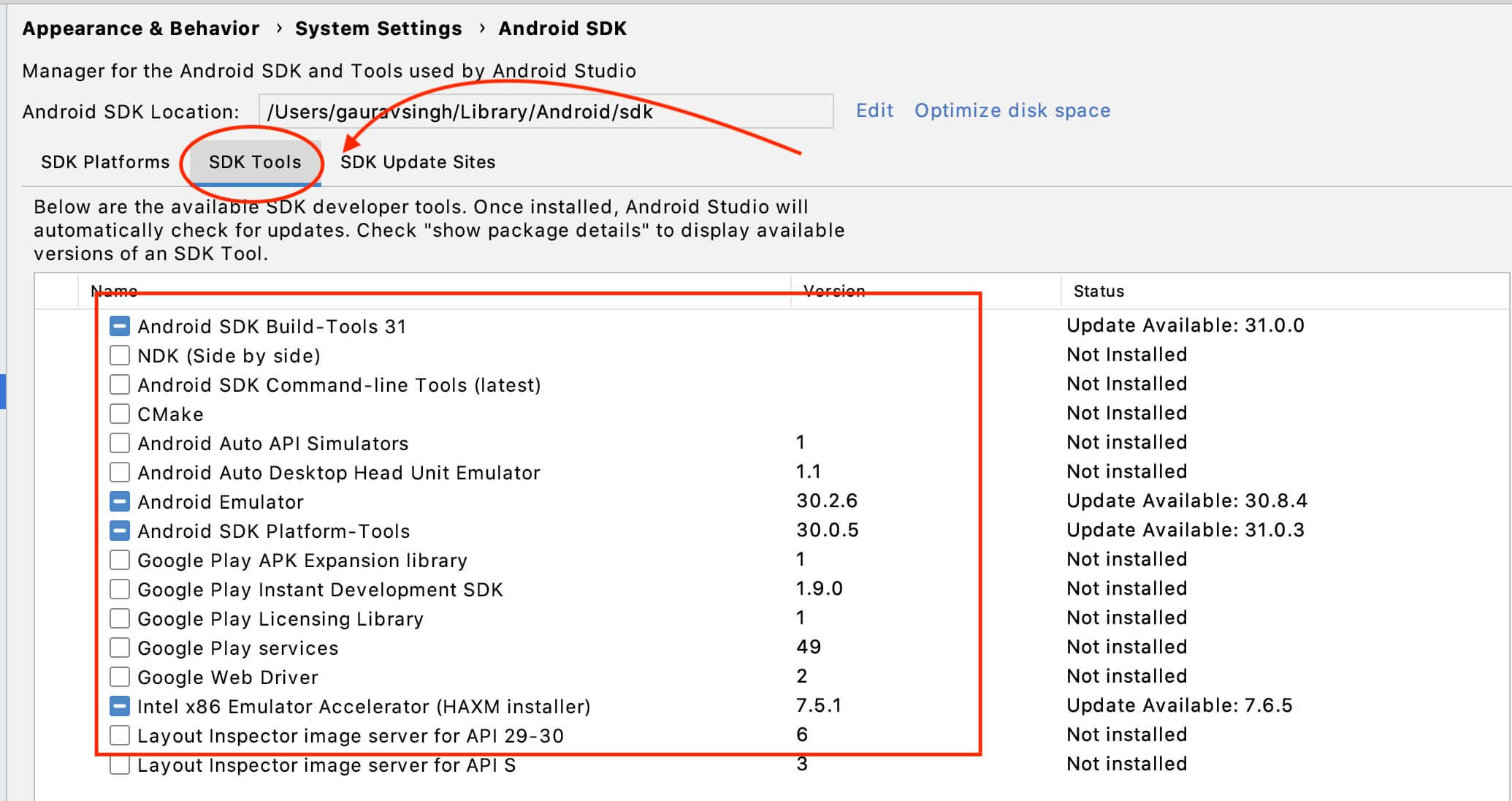 Shows SDK Tools in android studio