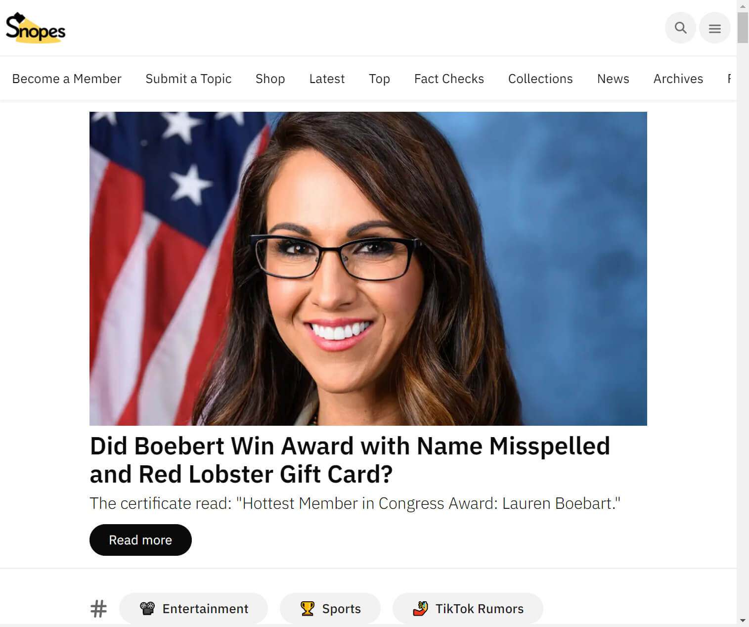 An image of the homepage of Snopes.com. It's still not a full page image.