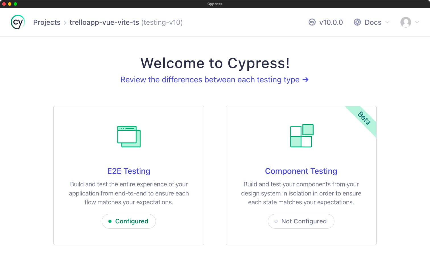 The welcome screen of Cypress with options for E2E and Component Testing.