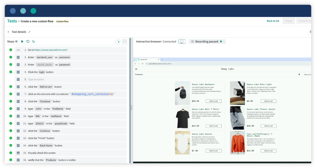 Autonomous custom flow of Sauce Labs store screenshot