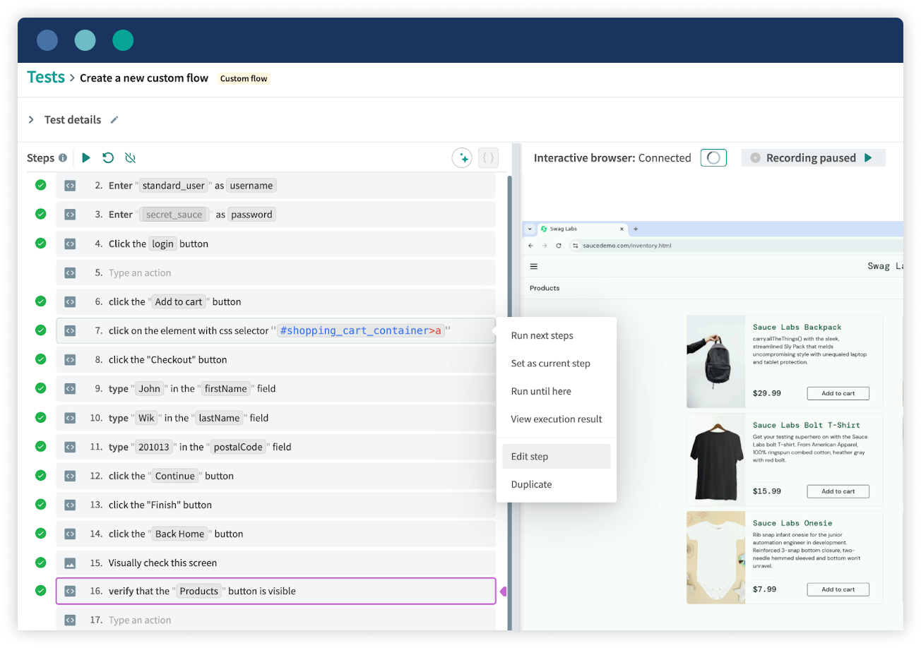 Autonomous modify a custom flow test step screenshot