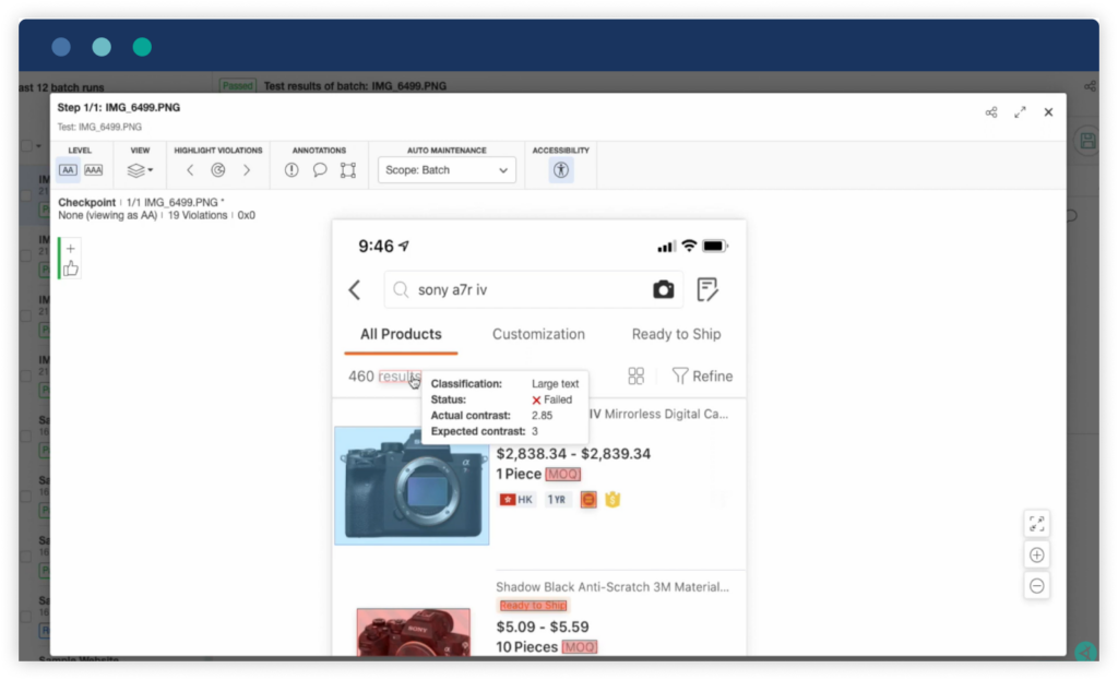 Autonomous screenshot showing accessibility test for ecommerce application test