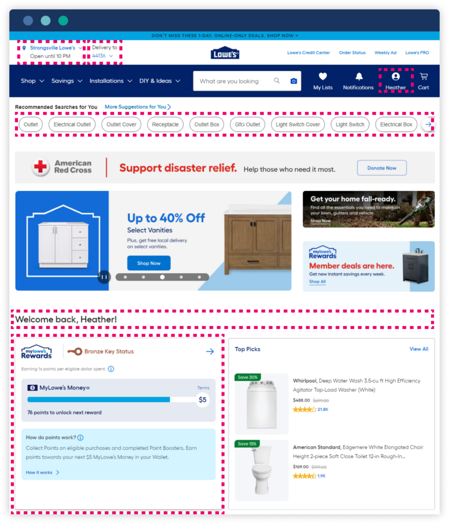 Screenshot of Lowe's homepage with all personalized content identified