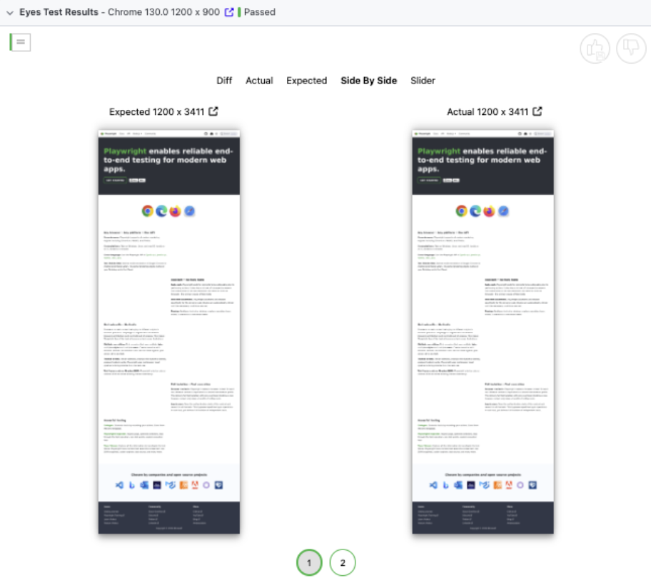 Playwright HTML report with side by side results screenshot